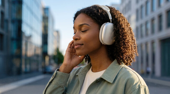 Side view profile of serene Black woman with closed eyes wearing wireless headphones on city street