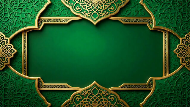 Luxury Islamic background with green and gold arabesque pattern decorative frame
