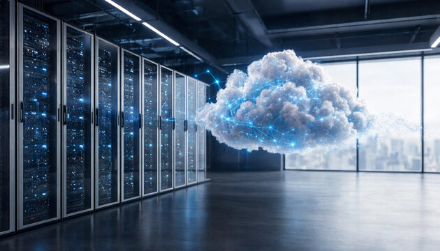 Data center with floating cloud computing visualization computing technology internet infrastructure hardware database enterprise connection communication information processing