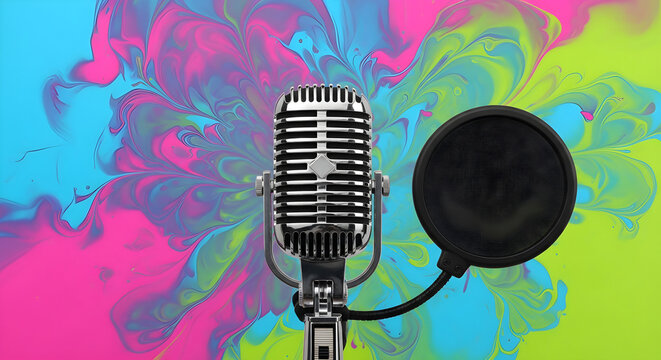 Professional Vintage Metal Microphone with Pop Filter Set Against a Vibrant Colorful Abstract Background for Broadcasting and Podcast Recording