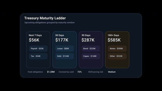 Treasury maturity ladder dashboard showing upcoming financial obligations grouped by maturity window, total liabilities, cash coverage and refinancing risk