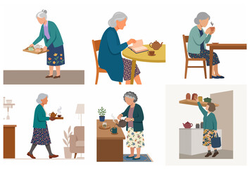 Fototapeta premium Elderly woman enjoying tea time and daily routines illustration set