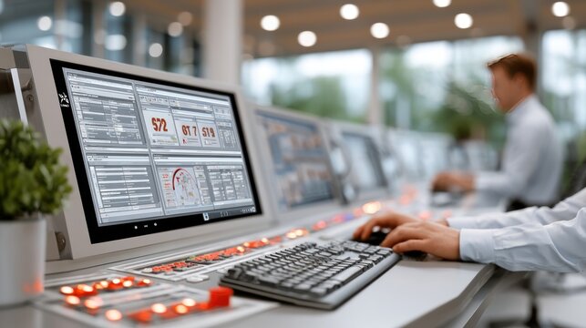Control panel with digital dashboard and operator hands using keyboard