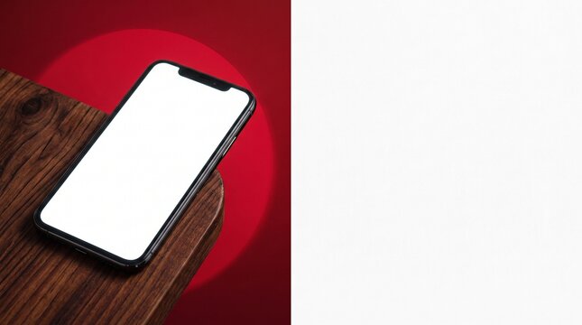 A modern smartphone with a blank white screen placed on a dark wooden surface against a vivid red circular background, split composition with a large empty white space on the right side.