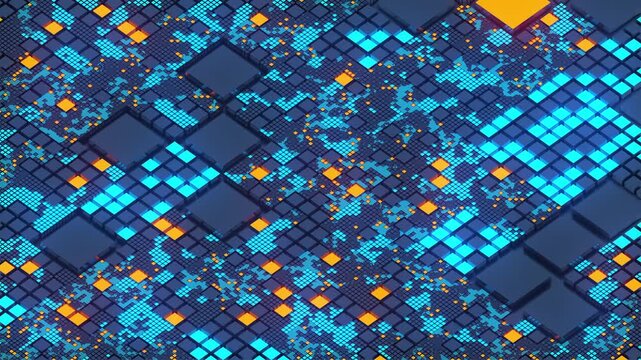 Seamless loop of stylized electronic processor surface with glowing isometric grid cells. Futuristic digital CPU motherboard texture transmitting data signals for high technology background.