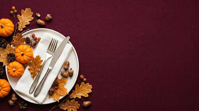 A festive thanksgiving table setting featuring a white plate with cutlery and autumn decorations on a dark purple background