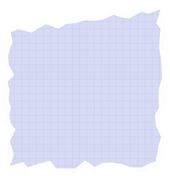 A single piece of square blue graph paper with torn edges and a rough border texture for school note taking or math geometry projects isolated for design work and creative layouts