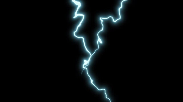 Lightning strikes from sky to the camera in slow motion, realistic and extraordinary thunderbolts isolated on black screen background, beautiful electrical storm looped 3D animation in 4K and UHD