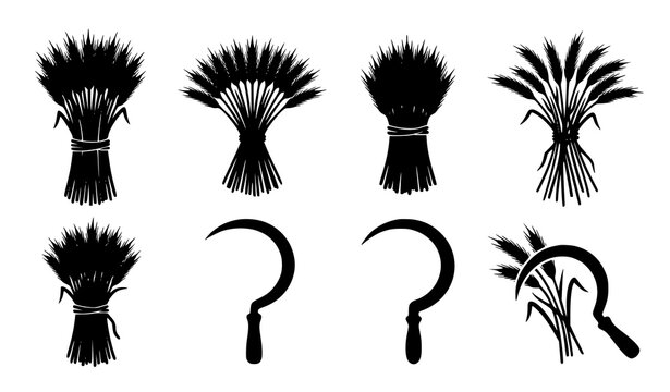 Wheat Sheaves and Hand Sickle Black Silhouette Agricultural Vector Set