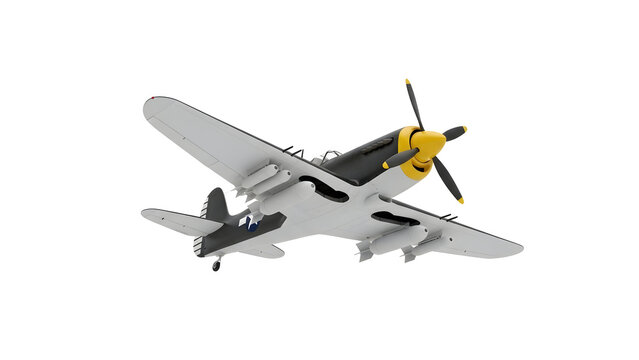 Detailed 3D Illustration of a Vintage Propeller Fighter Aircraft Flying Isolated on a Plain White Background
