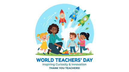 Fototapeta premium World Teachers Day Celebration Illustration with Students and Rockets