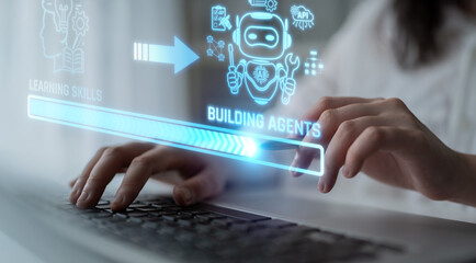 Fototapeta premium Hands Typing on Keyboard with Futuristic Interface Showing Learning Skills and Building Agents Concept in Digital Environment. Liminal.