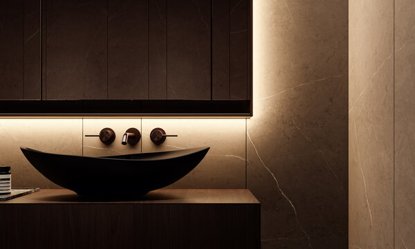 Modern low light interior design of bathroom. Close up of black bathroom sink with copy space. 3D Rendering, 3D Illustration