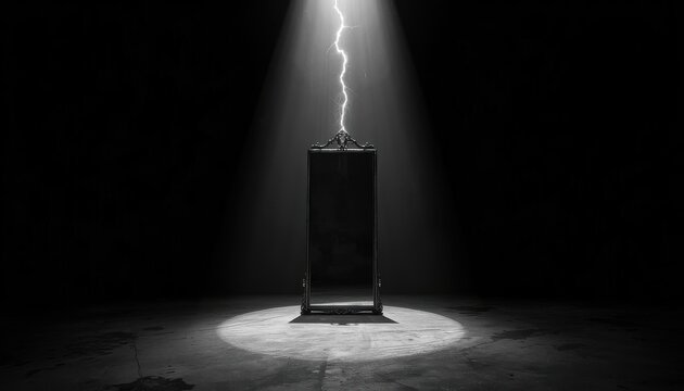 Vintage mirror under dramatic spotlight in dark minimalist stage symbolic concept