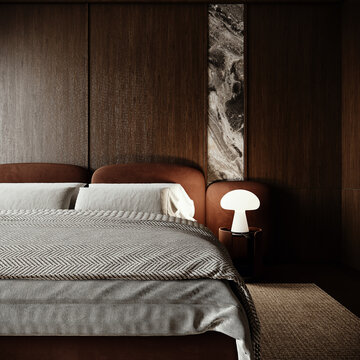 Bedroom. Close up of bed and night stand with lamp. 3D Rendering, 3D Illustration