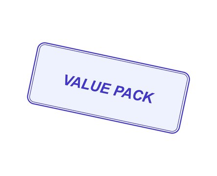 Blue rectangular sticker with the words value pack printed inside