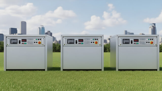 Industrial power generators standing in a green field with a city skyline backdrop for sustainable infrastructure and renewable energy systems