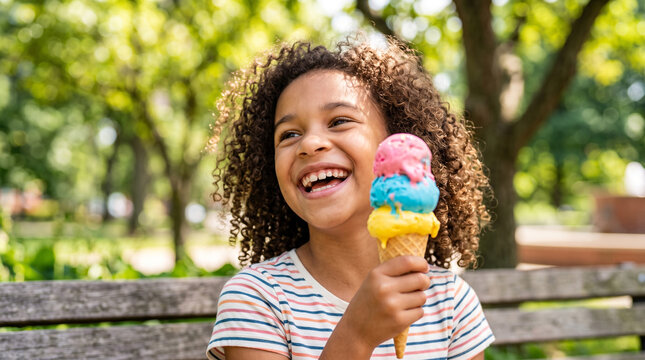 Children enjoying colorful ice cream cones in a green city park during summer, joyful lifestyle photography, International Ice Cream Day