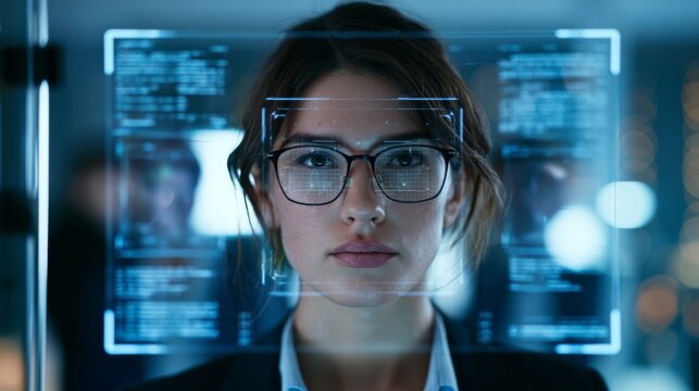 Business Professional Analyzing Data through Advanced Recognition Systems in Modern Office Environment