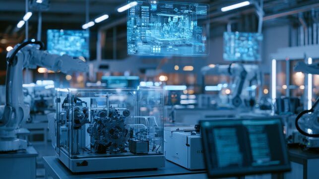 Advanced 3D Printing Factory with Mechanical Components and Digital Displays for Complex Production Processes