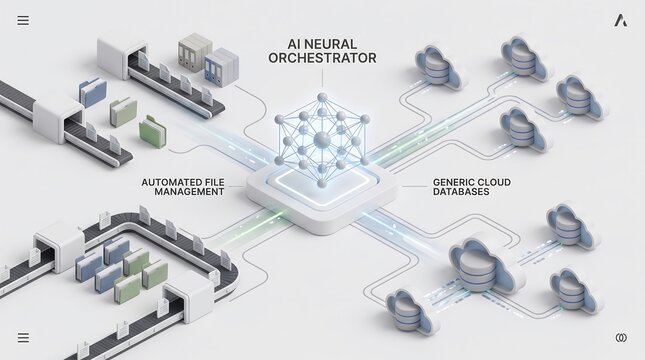 Modern 3D isometric diagram showing artificial intelligence neural node orchestrating automated file management and cloud databases
