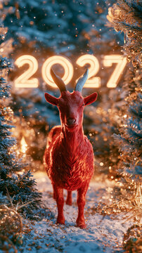 Year of the Goat 2027 illustration featuring elegant  animal profile with abstract splash art and traditional Chinese ornamental patterns for festive poster