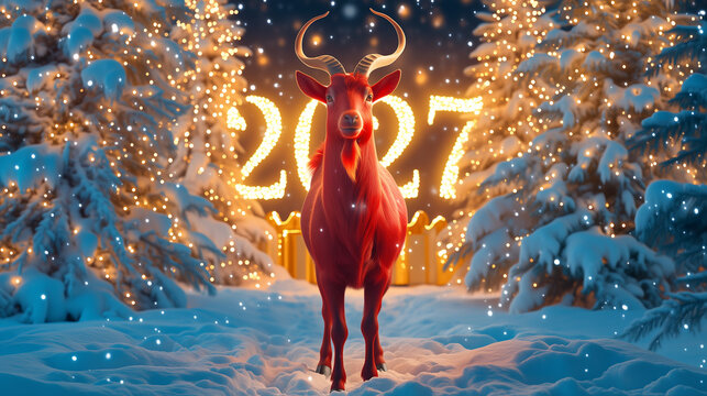 Year of the Goat 2027 illustration featuring elegant  animal profile with abstract splash art and traditional Chinese ornamental patterns for festive poster