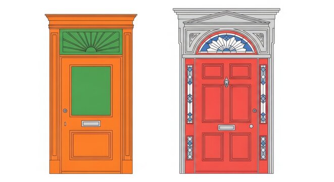 British red wooden front door entrance on an old English house, classic architecture with antique handle and closed doorway beside a window