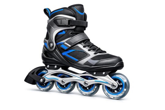 Sleek inline skate with blue accents and four wheels.
