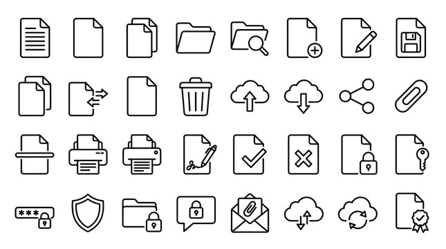 Digital document management icon set with 30 editable thin line file message and security symbols for software and business applications