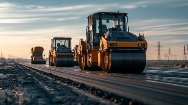 Heavy machinery working on asphalt paving operations during golden hour at a construction site