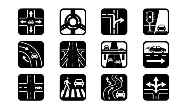 Geometric negative space black and white city traffic cars road junction monogram icon set in 3x4 grid layout