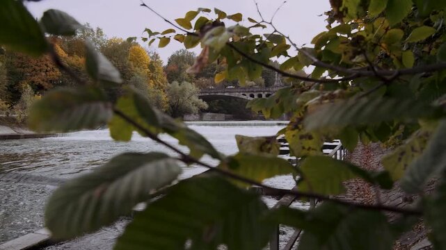 Slow-Motion-Kamerafahrt von der Isar in buntes Herbstlaub
