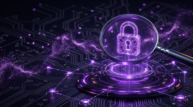 Cybersecurity Digital Padlock on Circuit Board Background with Purple Glow
