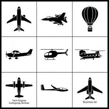 Aircraft vector icon set featuring commercial airliner, fighter jet, business jet, turboprop, helicopter, and hot air balloon