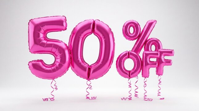 Pink fifty percent off balloon sign on white background for retail sale and discount promotion
