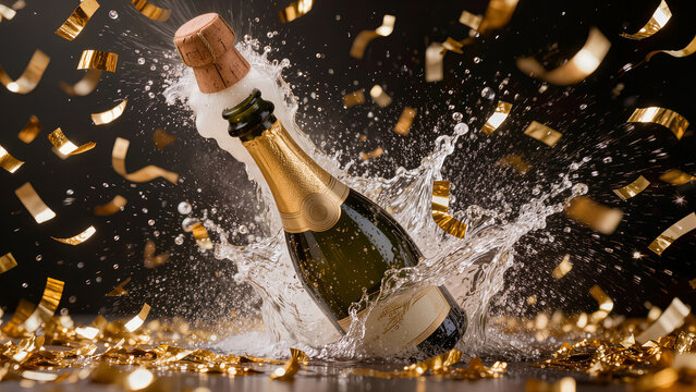 Dynamic explosion of champagne bottle with high speed splashes and gold confetti for celebration