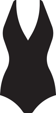 One Piece Swimsuit Silhouette Icon with Deep V Neck Halter Top Isolated on Transparent Background