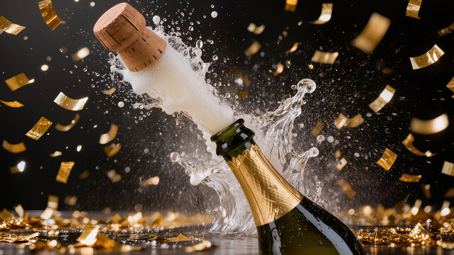 Dynamic explosion of champagne bottle with high speed splashes and gold confetti for celebration