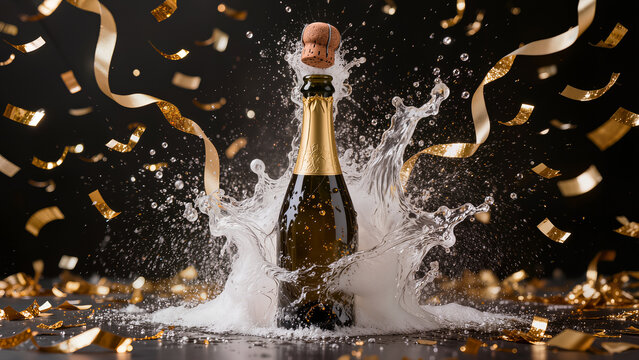 Dynamic explosion of champagne bottle with high speed splashes and gold confetti for celebration