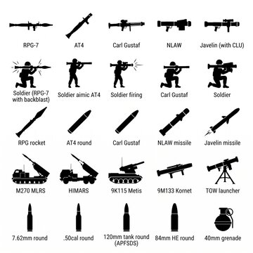 Anti-tank weapon icon set featuring rpg-7, at4, carl gustaf, nlaw, javelin, m270 mlrs, himars, 9k115 metis, 9m133 kornet, tow laun