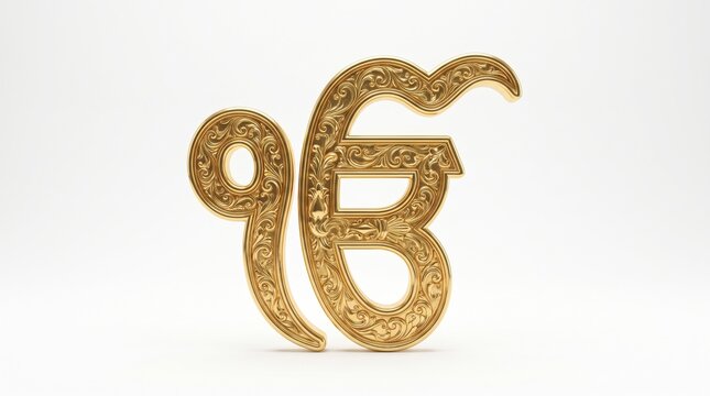 Golden Ik Onkar Sikh symbol with intricate decorative patterns isolated on white background