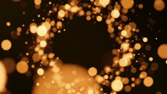 Abstract golden bokeh particles spiraling and creating a glowing ring on a black background, moving smoothly and dynamically, celebratory and festive.
