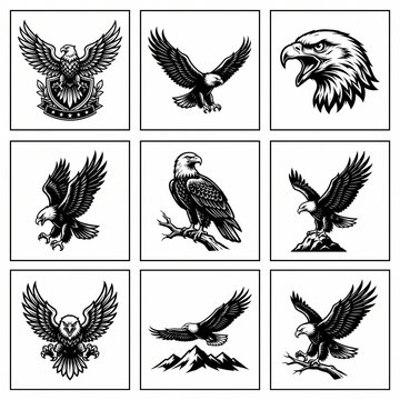 Eagle illustrations in various vector styles and poses including flying, perched, and emblem designs for logos and artwork