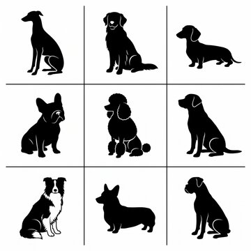 Dog silhouettes in grid layout featuring various breeds in black and white vector style