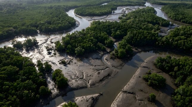 Tropical Mangrove Wetland With Tidal Channels and Exposed Mudflats During Low Tide
