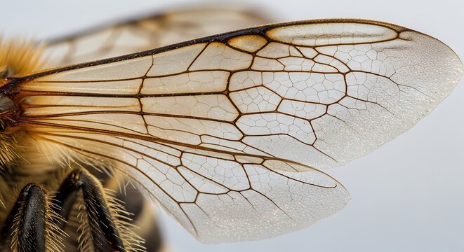 Macro view of a honey bee wing showing intricate vein patterns and texture