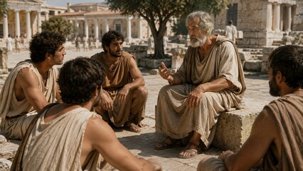 Fototapeta premium Elder philosopher teaching young men in a sunlit public square of ancient Greece