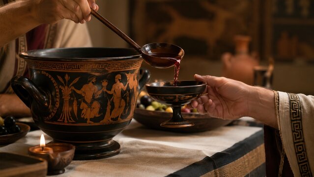 Wine poured from decorated krater during a ceremonial ancient Greek symposium feast
