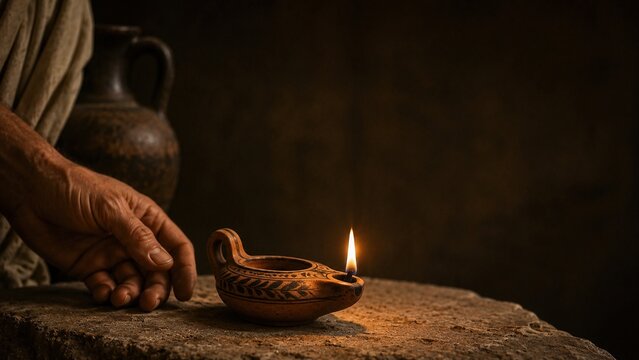 Weathered hand beside decorated clay oil lamp in an Ancient Greece inspired interior